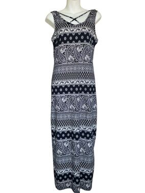 FRENCH ATMOSPHERE Navy & White Paisley Maxi Tank Dress with Crisscross Front. L